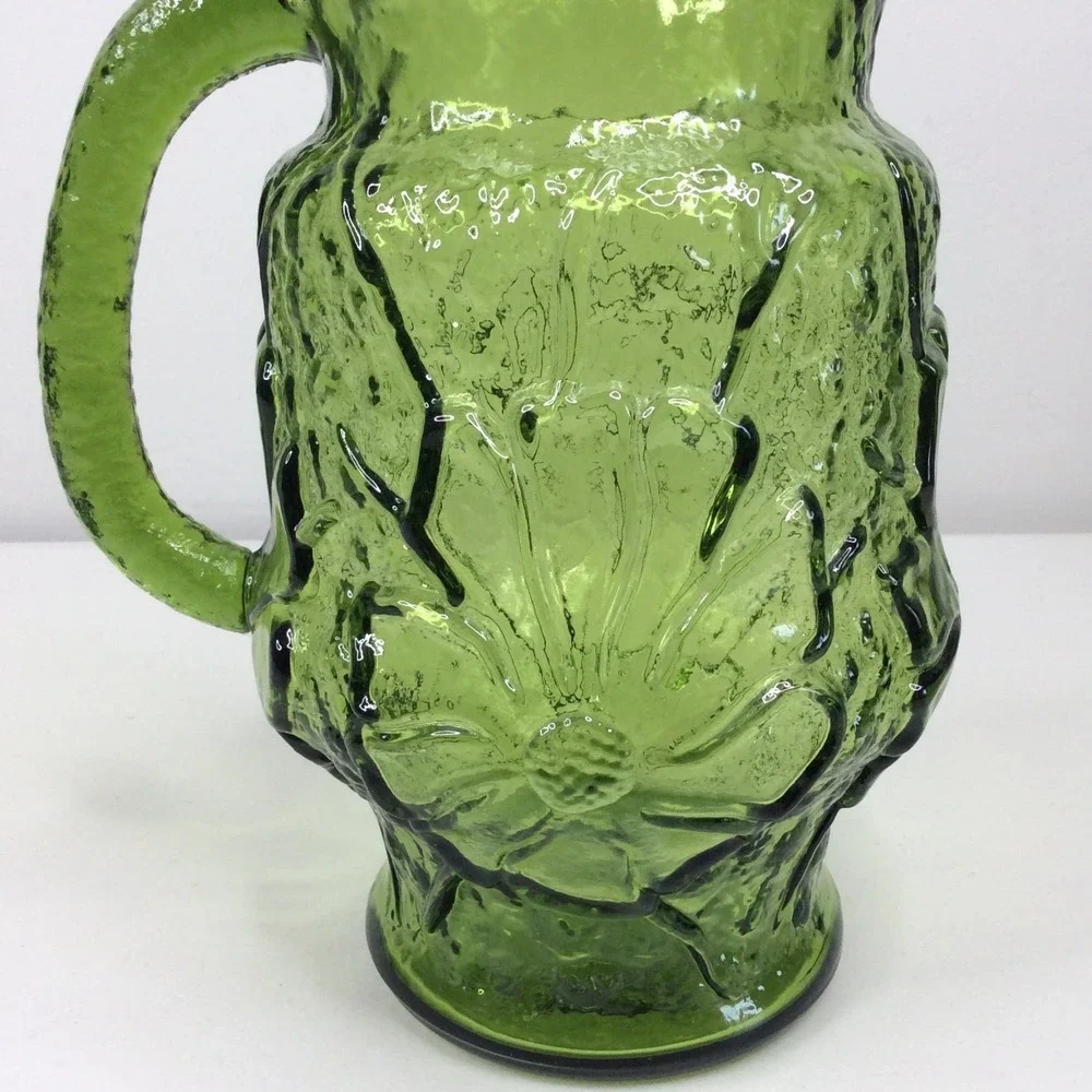 Vintage Anchor Hocking Rain Flower Avocado Green Glass Pitcher 60s 70s MCM